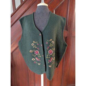 Vtg Jantzen Woman 2X Green Wool Vest With Floral Hand Embroidery & Button Front